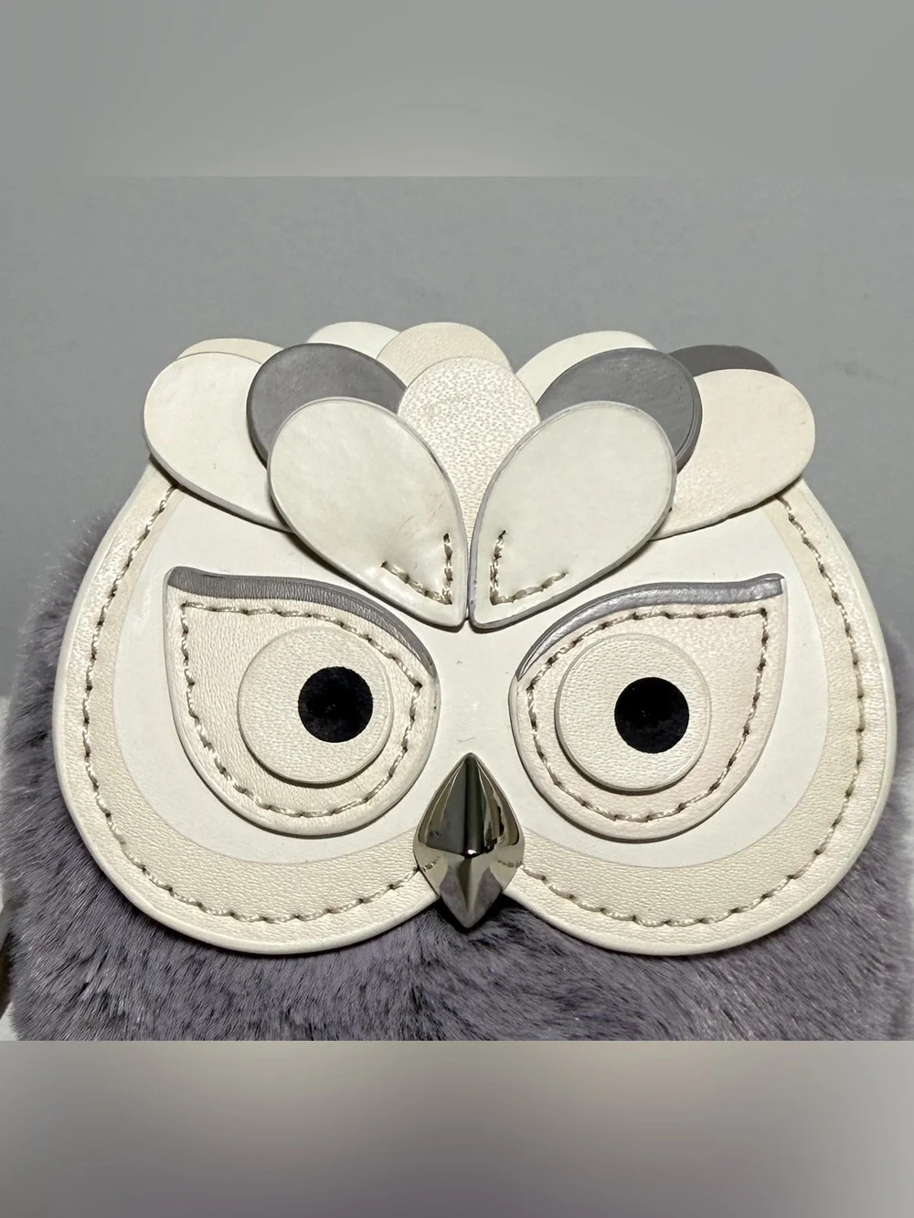 Kate Spade 3D Hoot Owl Coin Purse Keychain Faux Fur Gray White with Dust Bag NWT